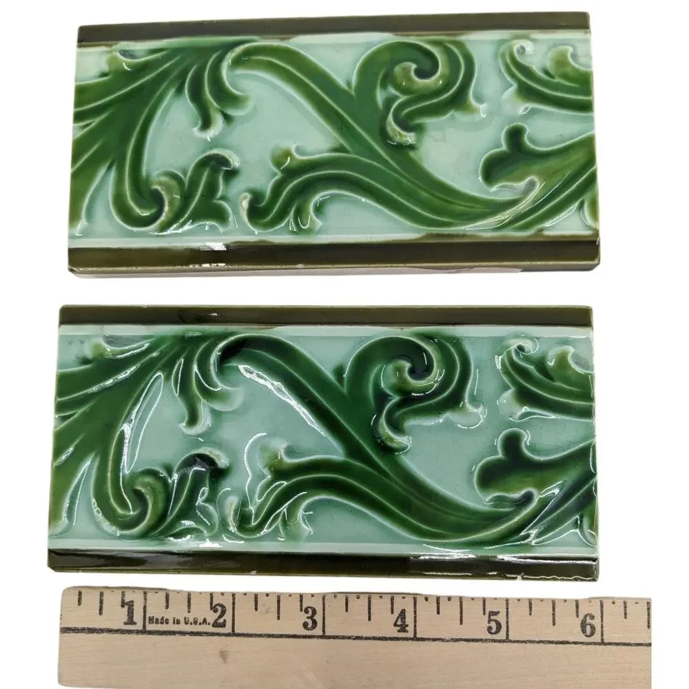 Pair Lot 2 Antique 1900's Belgium HELMAN MAJOLICA TILES Leaves Scroll Border 3x6